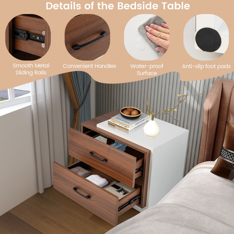 Modern nightstand with two large drawers in brown, featuring convenient handles and anti-slip foot pads for stability.